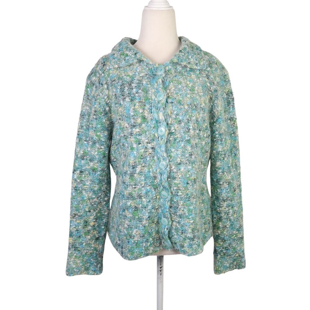 Vintage Y2K Amore Green and Blue Marled Fuzzy Knit Cardigan Sweater L